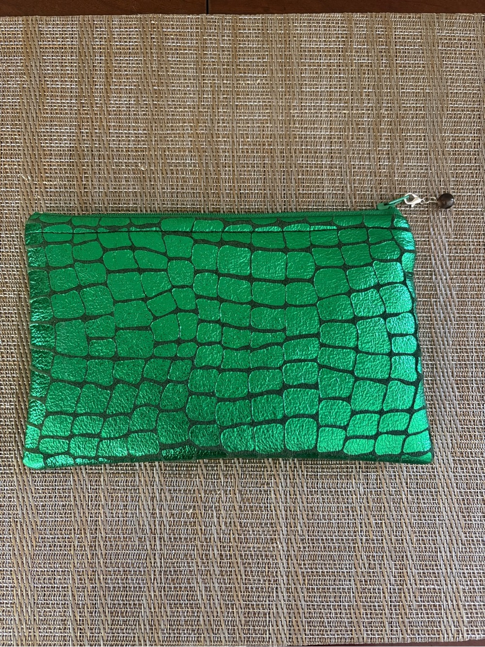 NEW Hand Crafted Metallic Green Croc-Embossed Zip Clutch or Cosmetic Bag